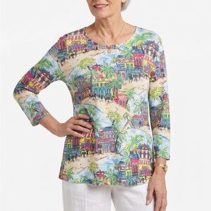 Lana Lee Vintage Scenic Cityscape Beach Print Long Sleeve Knit Top - Large